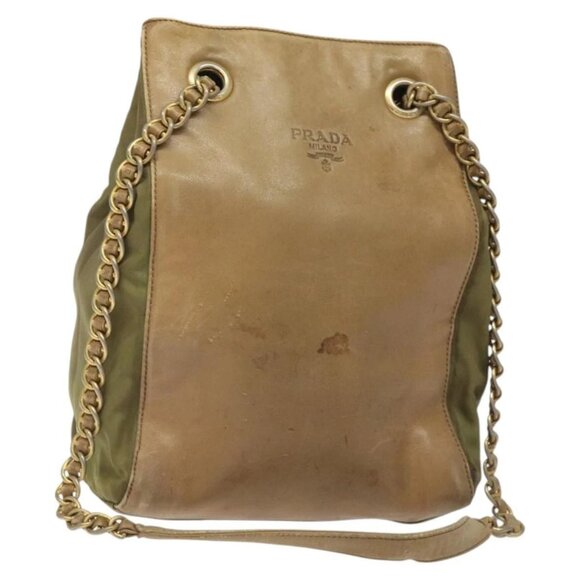PRADA Chain Shoulder Bag Leather nylon Brown Gold Auth fm4683 - Picture 1 of 16